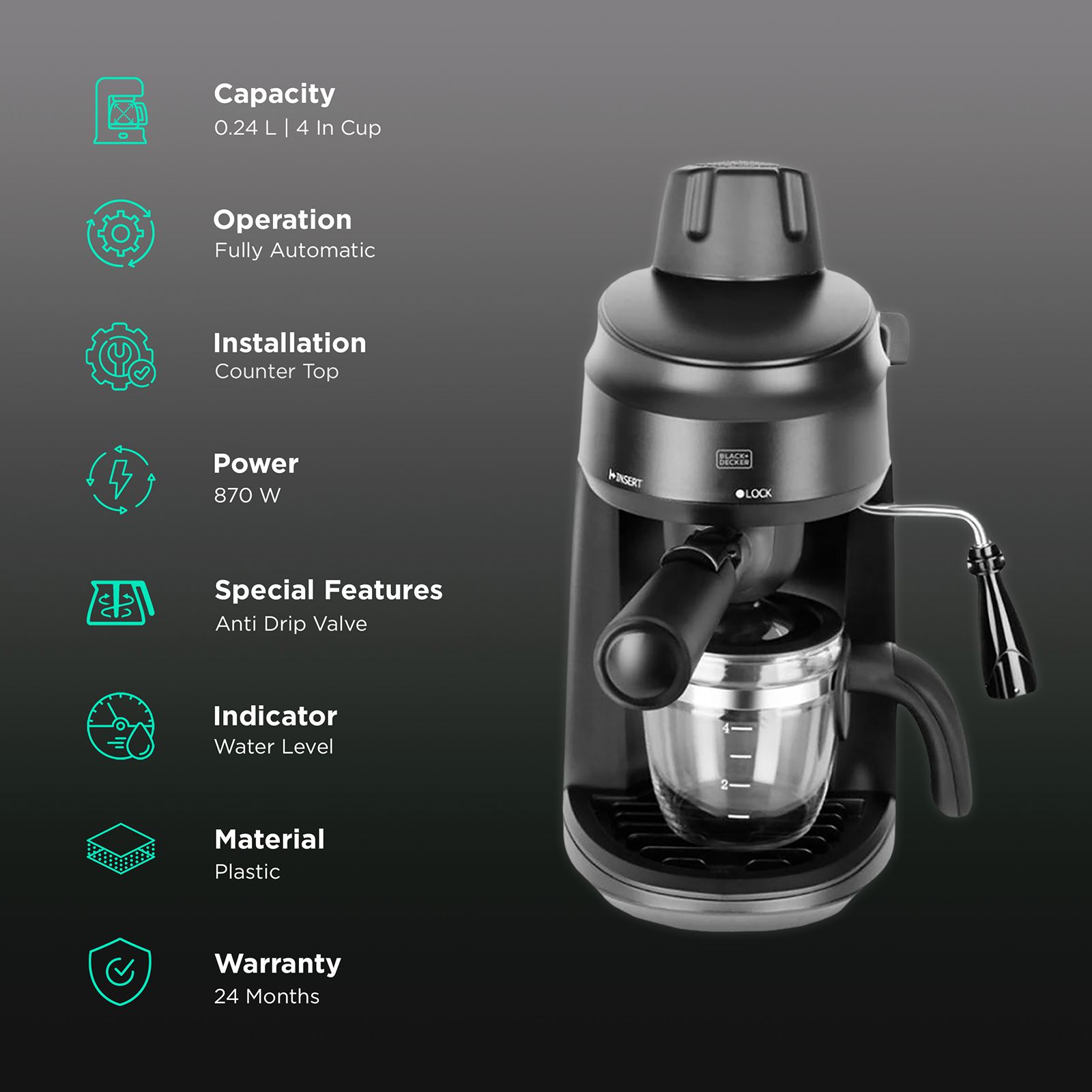 Buy BLACK+DECKER BXCM0401IN 870 Watt 4 Cups Automatic Cappuccino